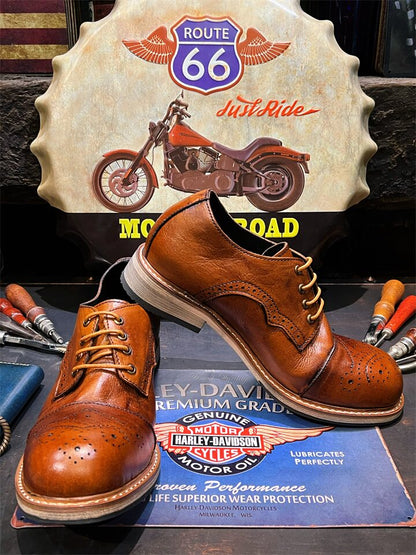 Vintage Brogue Carved Cowhide Leather Shoes – Men's Distressed Brown
