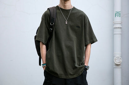 320G Heavyweight Washed Distressed Short Sleeve T-Shirt – Letter Embroidery Vintage Tee for Men – Japanese vintage | yamalin clothes | Yamalinclothes