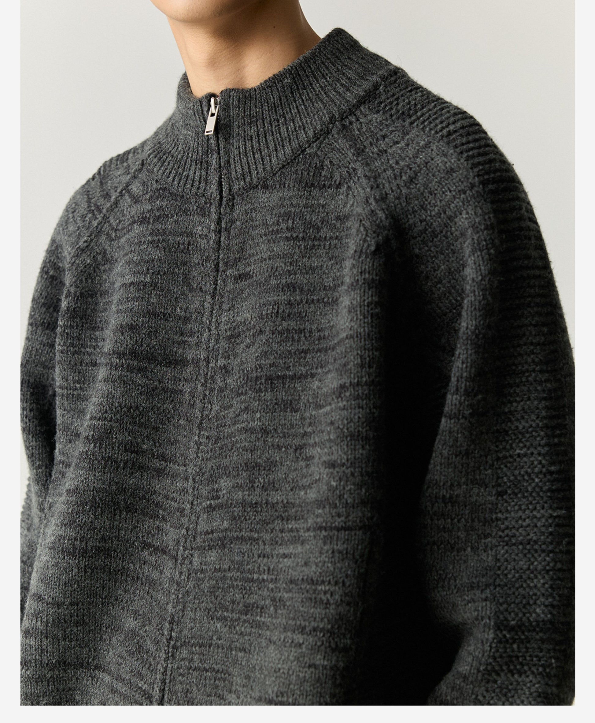 Merino Wool Blend Zip Cardigan – Heavyweight Panel Knit Coat – Japanese vintage | yamalin clothes | Yamalinclothes