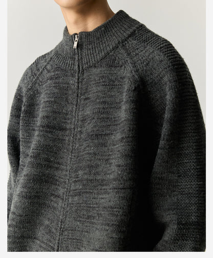 Merino Wool Blend Zip Cardigan – Heavyweight Panel Knit Coat – Japanese vintage | yamalin clothes | Yamalinclothes