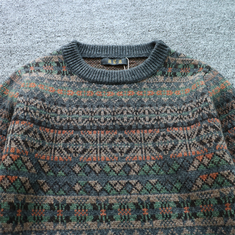 100% Wool Jacquard Stripe Crew Neck Sweater – Men's Thick Knit Pullover