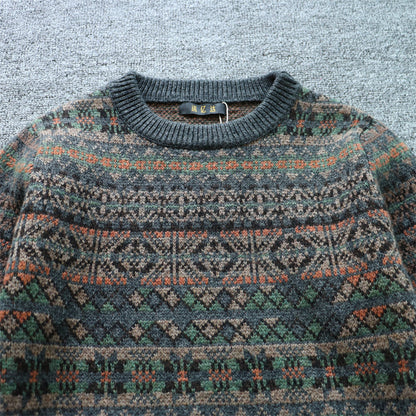 100% Wool Jacquard Stripe Crew Neck Sweater – Men's Thick Knit Pullover
