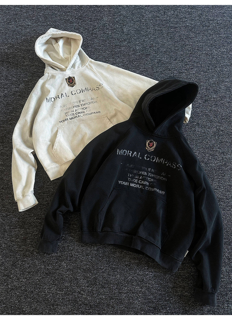 Heavyweight Washed Letter Print Hoodie – Vintage Loose Unisex