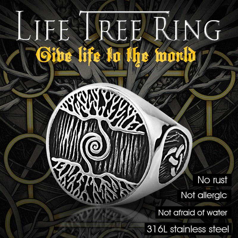 Tree of Life Titanium Steel Ring – Nordic Viking Engraved Men's Statement Ring