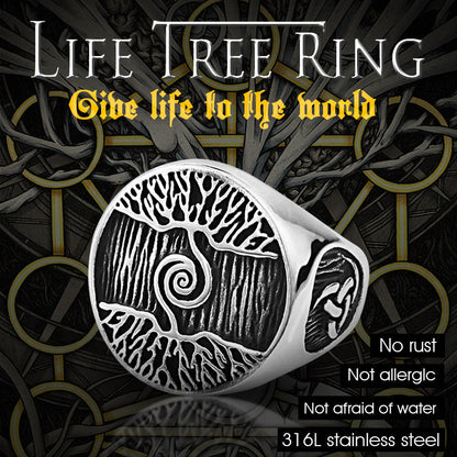 Tree of Life Titanium Steel Ring – Nordic Viking Engraved Men's Statement Ring