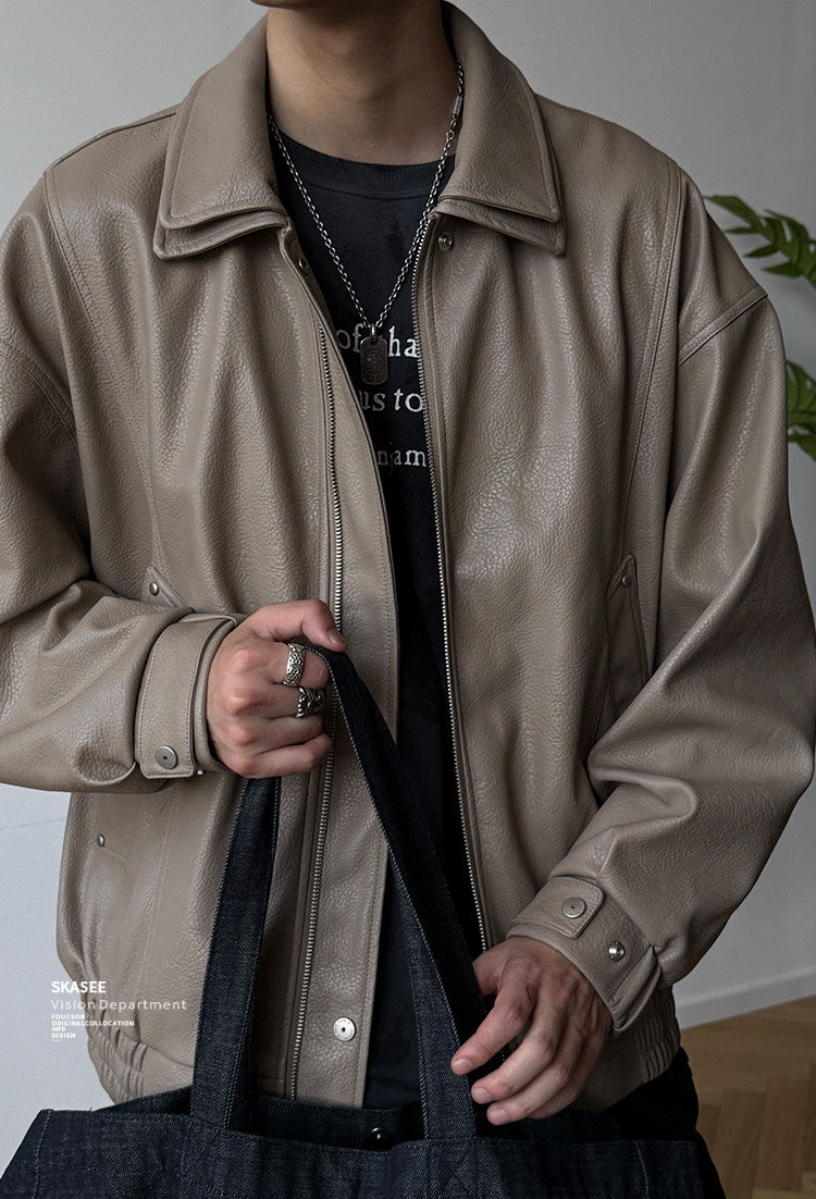 Soft PU Double-Layer Lapel Leather Jacket – American Retro Oversized Unisex – Japanese vintage | fall outfits 2026 | fall winter outfits | classy winter outfits | lazy comfy outfits | japanese streetwear | vintage workwear | yamalin clothes | Yamalinclothes