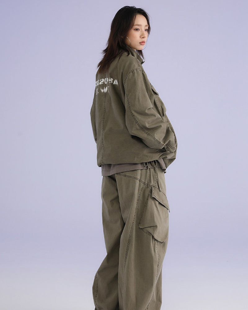 American Retro Stand Collar Cargo Jacket – Loose Unisex Autumn