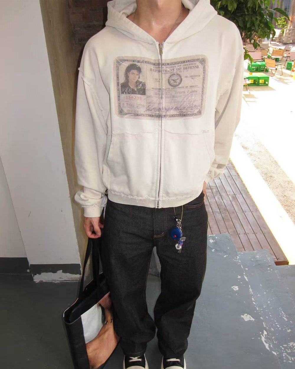 EssorNovus Michael Jackson passport print raw edge old zip hoodie sweatshirt