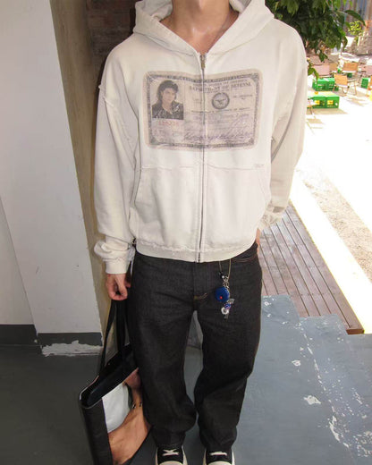 EssorNovus Michael Jackson passport print raw edge old zip hoodie sweatshirt