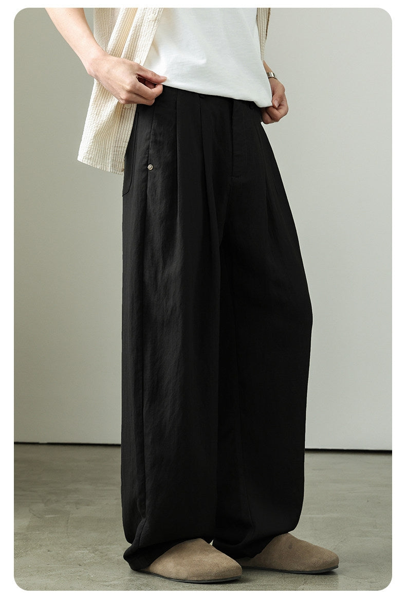 Draped Lyocell Wide Leg Pants – Loose Straight Tencel Linen Summer Ice Silk Slacks for Men – Japanese vintage | yamalin clothes | Yamalinclothes