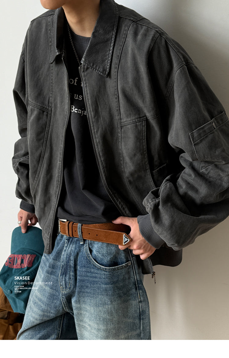 Vintage Washed Leather-Collar Cargo Jacket - Loose Barn Coat (Unisex)