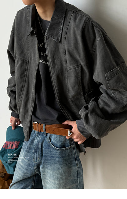 Vintage Washed Leather-Collar Cargo Jacket - Loose Barn Coat (Unisex)