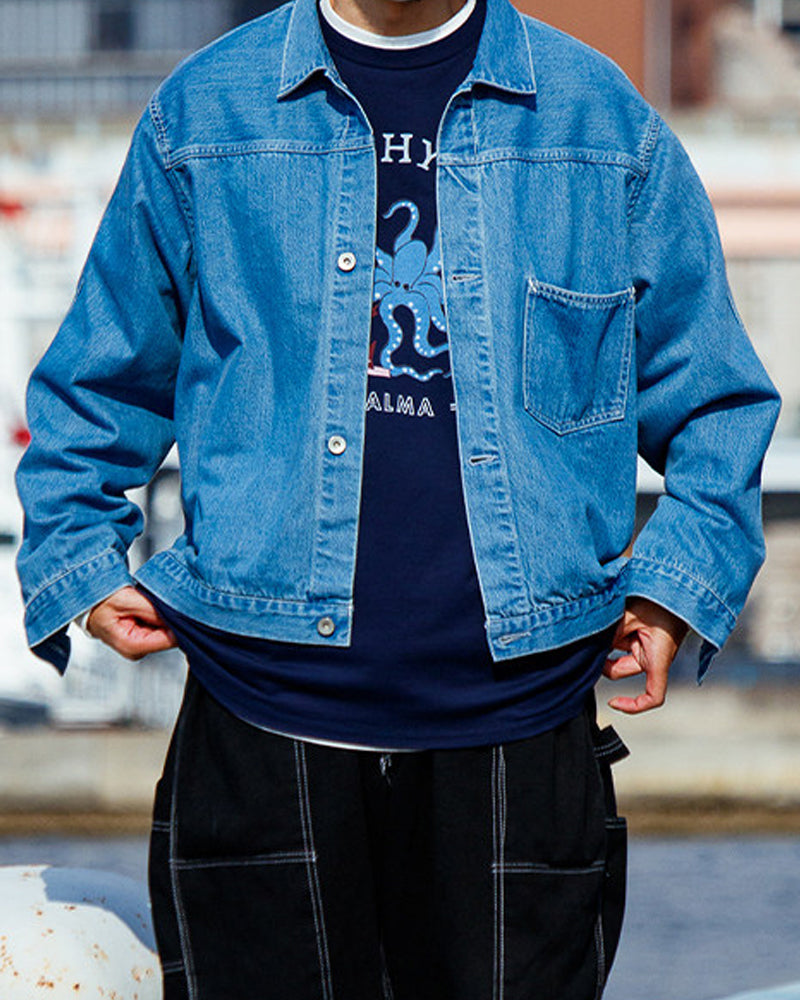 Single Pocket Short Denim Jacket – Loose Unisex Casual Streetwear