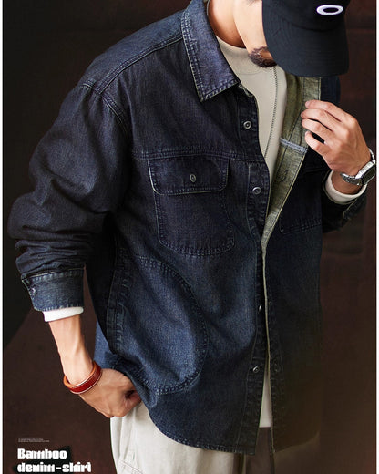 American Workwear Long Sleeve Denim Shirt Jacket - Loose Casual Vintage Denim Overshirt for Men