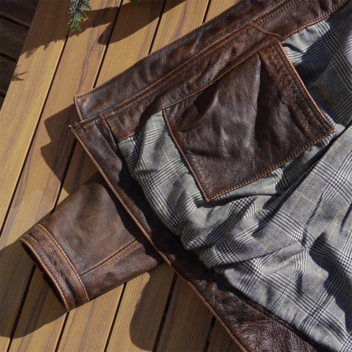 Stone-Washed Distressed Cowhide Leather Jacket – Men's American Retro Cargo Coat