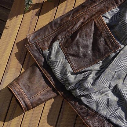 Stone-Washed Distressed Cowhide Leather Jacket – Men's American Retro Cargo Coat