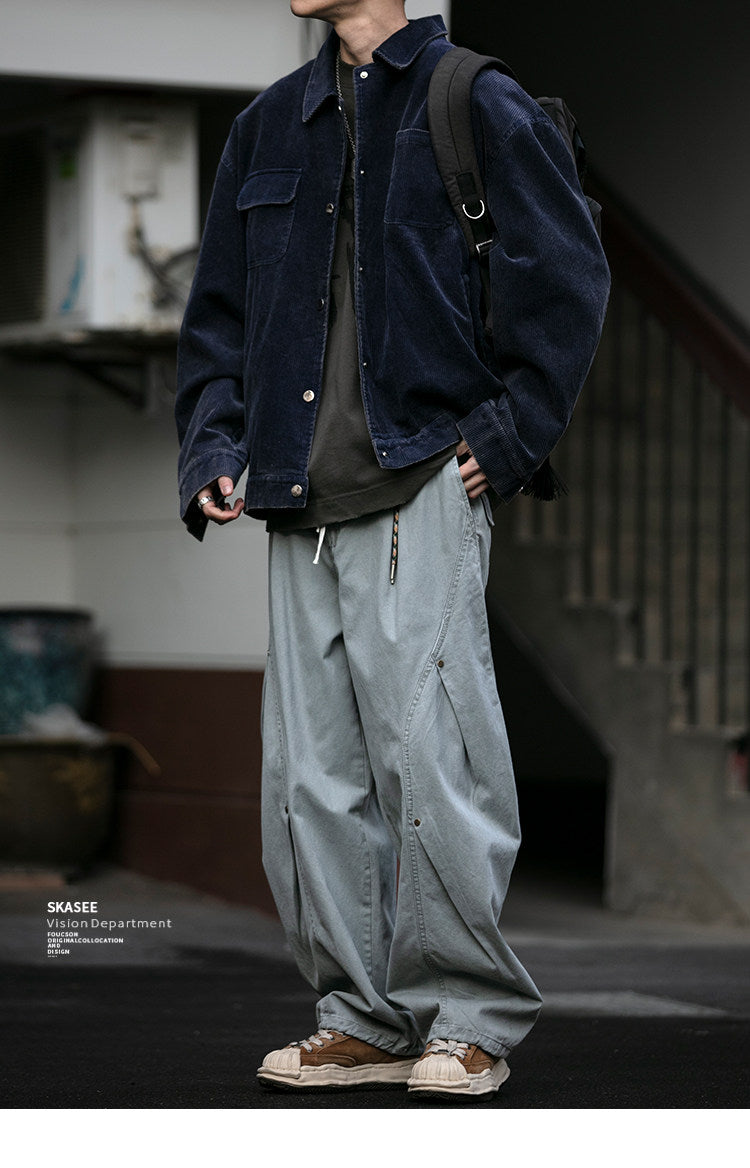 American Vintage Heavyweight Double Pleated Cargo Pants – Wide Leg Drawstring Workwear Trousers for Men | Japanese vintage | yamalin clothes | Yamalinclothes