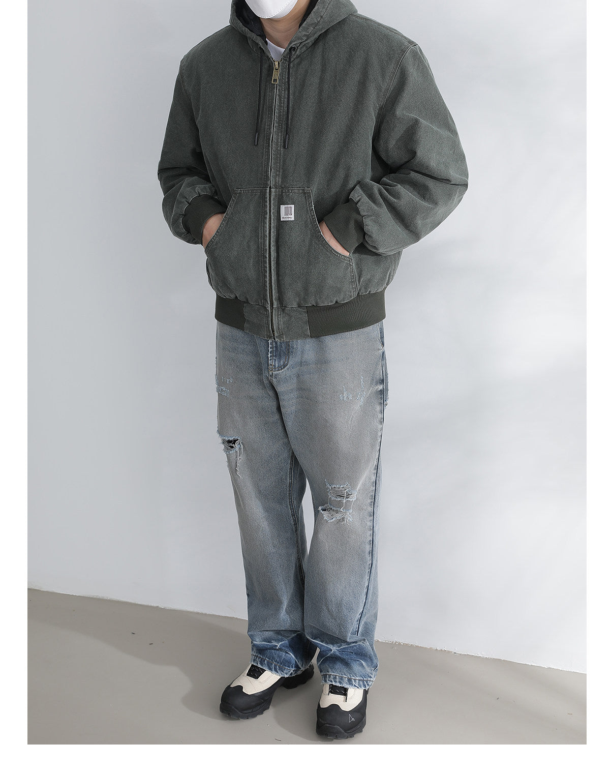 Vintage Wash Distressed Cargo Hoodie Jacket – Thermal Insulated Men's Coat