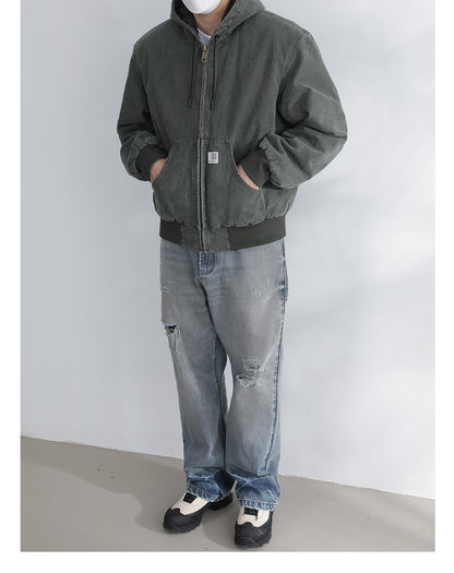 Vintage Wash Distressed Cargo Hoodie Jacket – Thermal Insulated Men's Coat