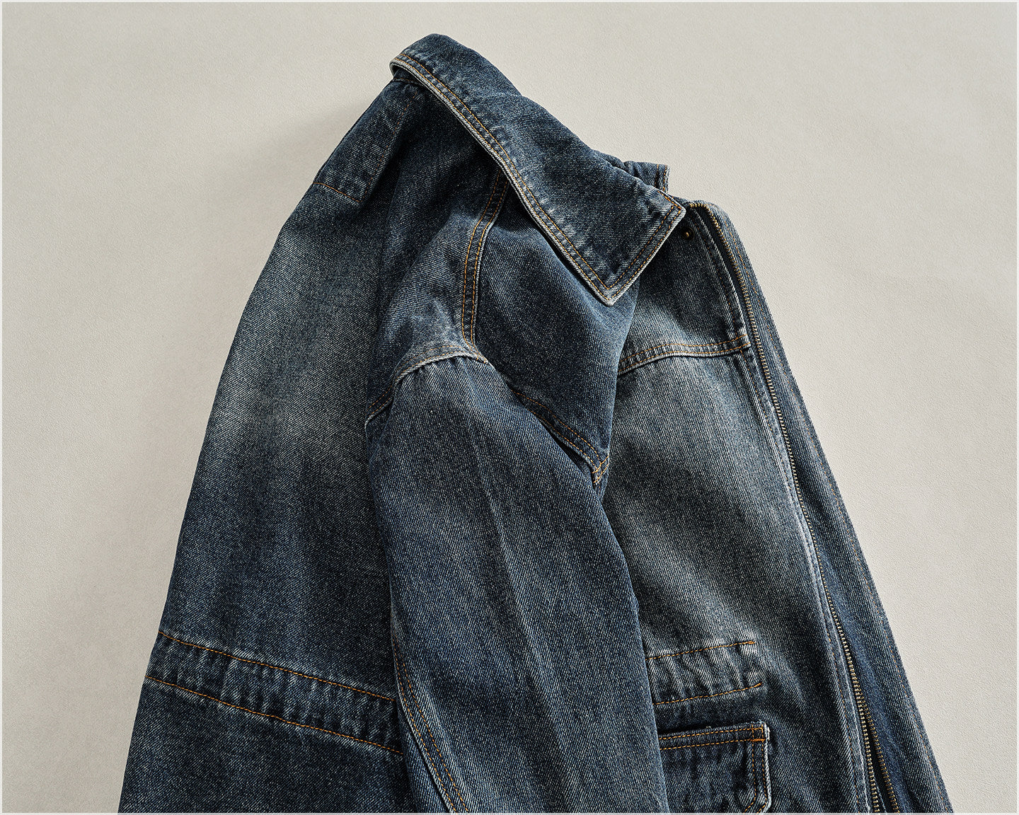 Heavyweight Washed Denim Jacket – Vintage Workwear Multi-Pocket Drawstring Coat