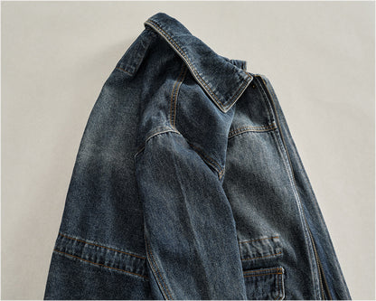 Heavyweight Washed Denim Jacket – Vintage Workwear Multi-Pocket Drawstring Coat