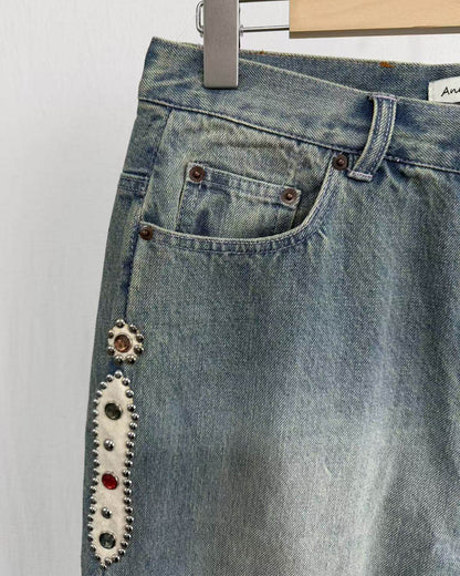 Washed Heavy Duty Jeweled Denim Jeans – Flared & Straight Leg 100% Cotton Streetwear – Japanese vintage | yamalin clothes | Yamalinclothes