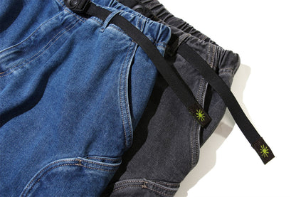 Japanese Washed Distressed Cropped Jeans – Elastic Waist Relaxed Fit Streetwear