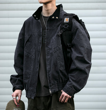 Japanese Retro Deconstructed Stand Collar Hunting Cargo Jacket – Loose Drop Shoulder for Men | Japanese vintage | yamalin clothes | Yamalinclothes
