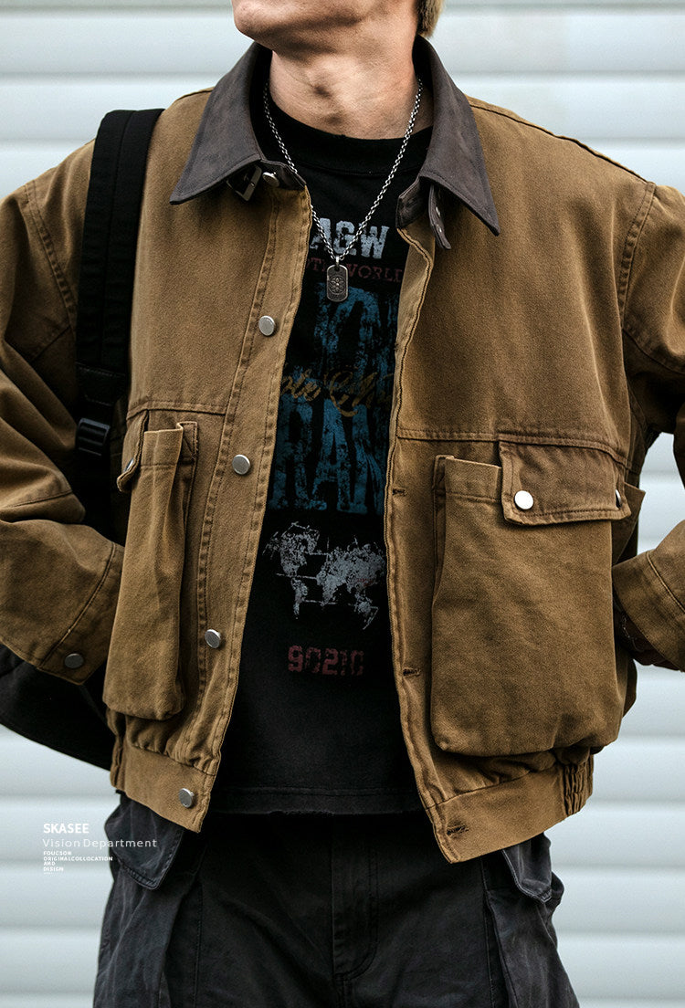 Washed Patchwork Lapel Cargo Jacket – American Retro Oversized Unisex
