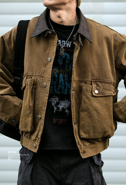 Washed Patchwork Lapel Cargo Jacket – American Retro Oversized Unisex