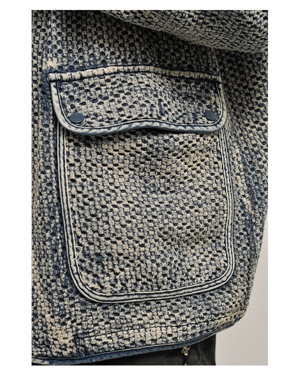 Textured Denim Jacket – Stand Collar & Bound Pockets