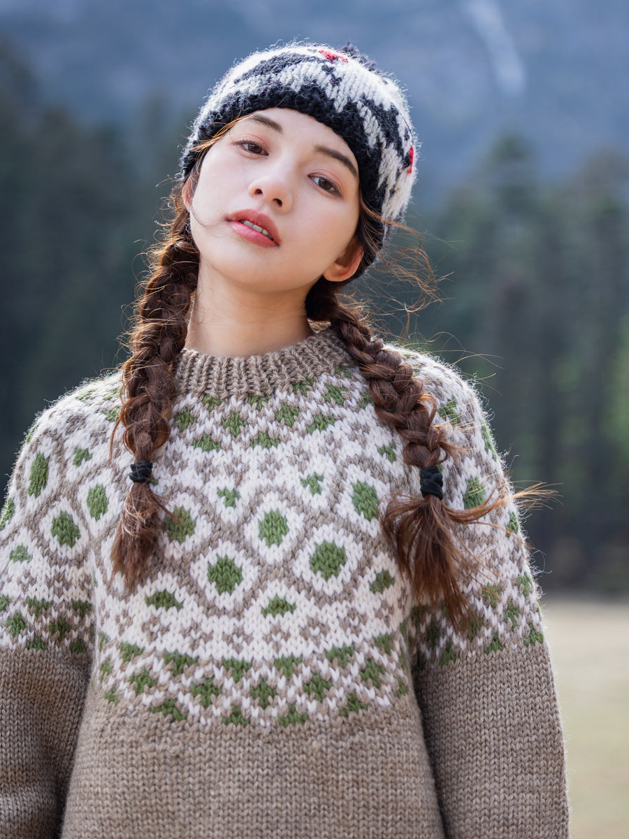 Handmade Iceland Sweater for Women Pullover Light Brown Thick Loose Nordic Retro Wide Knit College Style Travel Photography Niche