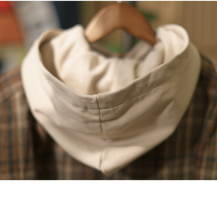 Men's Japanese Style Fake Two-Piece Hooded Plaid Cotton Jacket