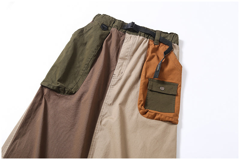 Japanese-Style Patchwork A-Line Skirt – Retro Loose Fit with Elastic Waist & Pockets