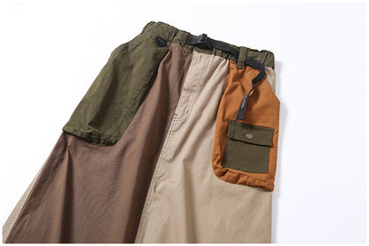 Japanese-Style Patchwork A-Line Skirt – Retro Loose Fit with Elastic Waist & Pockets