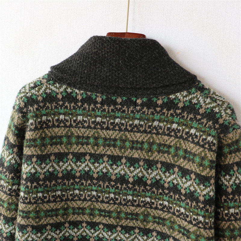 Heavyweight Color-Block Wool Cardigan Jacket – Retro Warm Knit (Unisex)