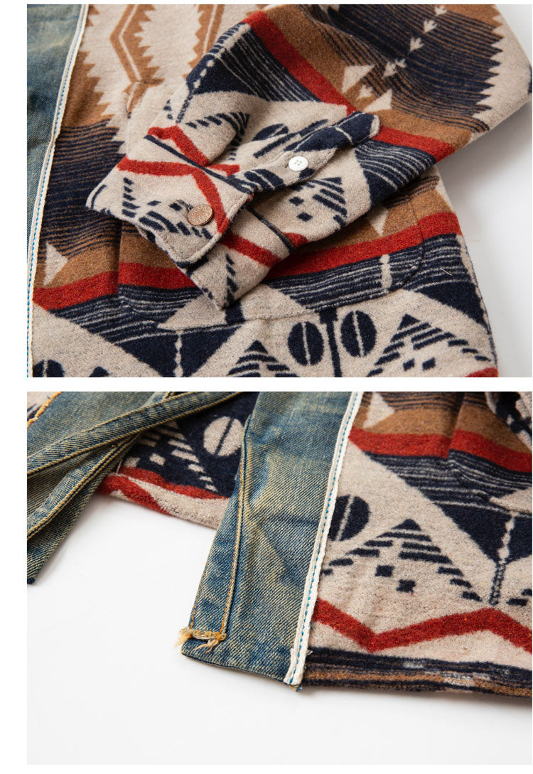 Men's Luckysartorius Japanese Retro Denim-Stitched Woolen Jacket - National Wind Robe Style Coat