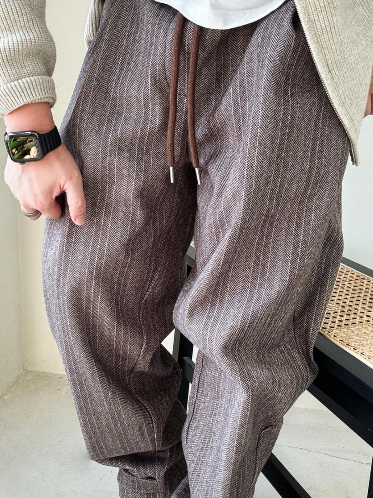 Herringbone Woolen Pants – Relaxed Straight Leg