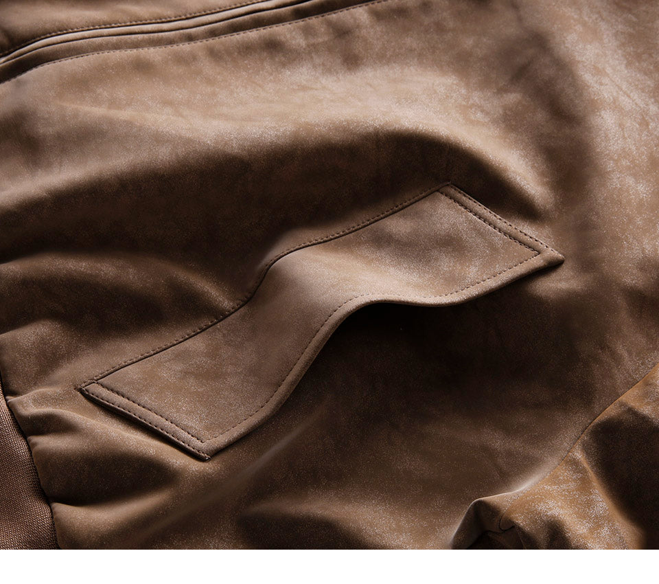American Vintage Suede PU Leather Stand-Collar Jacket – Oversized Men’s Moto Coat