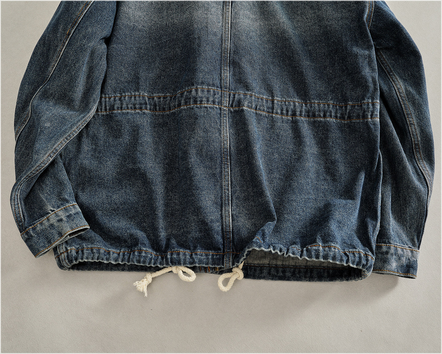 Heavyweight Washed Denim Jacket – Vintage Workwear Multi-Pocket Drawstring Coat