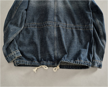 Heavyweight Washed Denim Jacket – Vintage Workwear Multi-Pocket Drawstring Coat