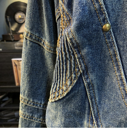 American Utility Stand-Collar Zipper Denim Jacket – Vintage Oversized Men’s Trucker Coat