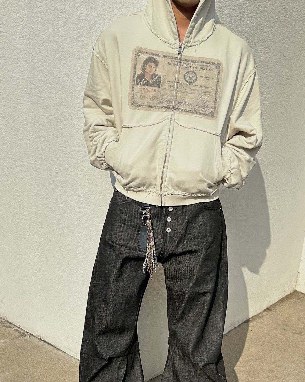 EssorNovus Michael Jackson passport print raw edge old zip hoodie sweatshirt