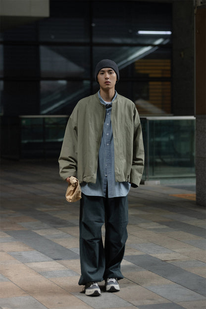 Washed Army Green Stand Collar Zip Jacket – Men's Loose Cargo Overshirt
