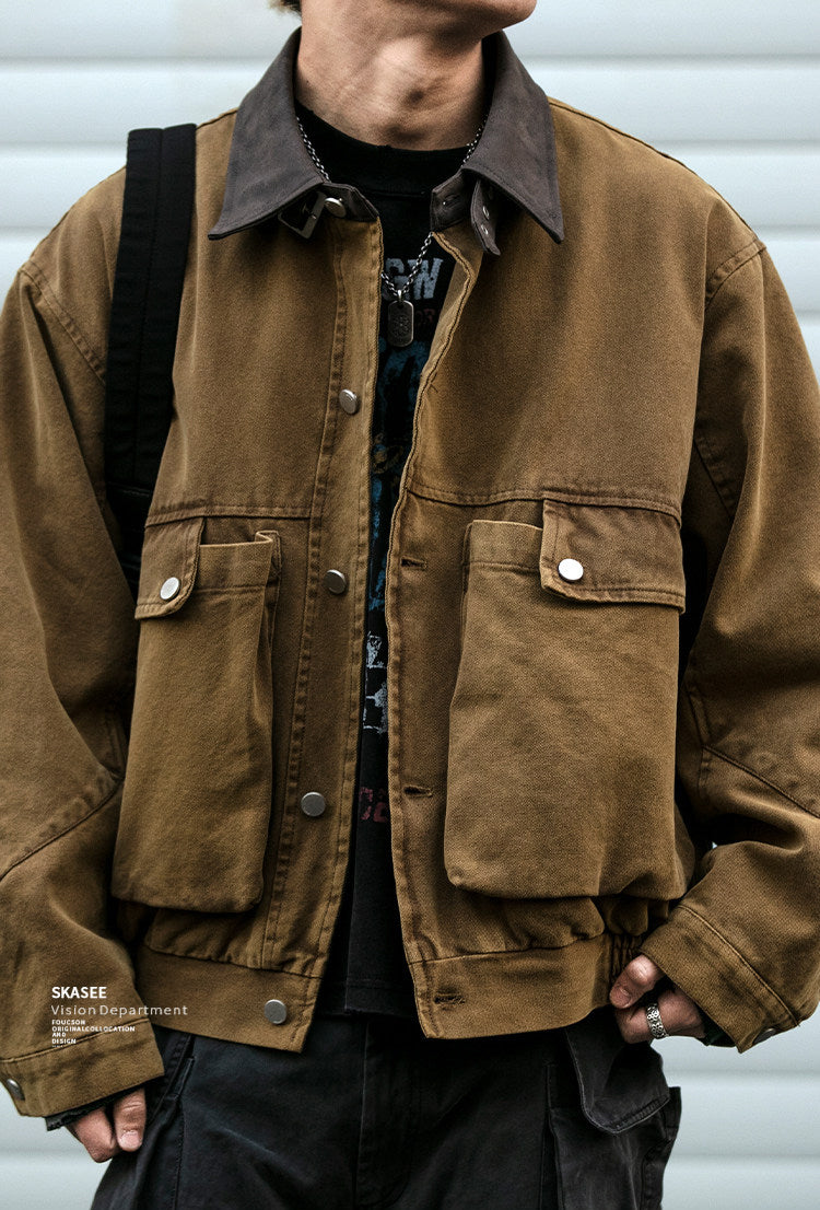 Washed Patchwork Lapel Cargo Jacket – American Retro Oversized Unisex