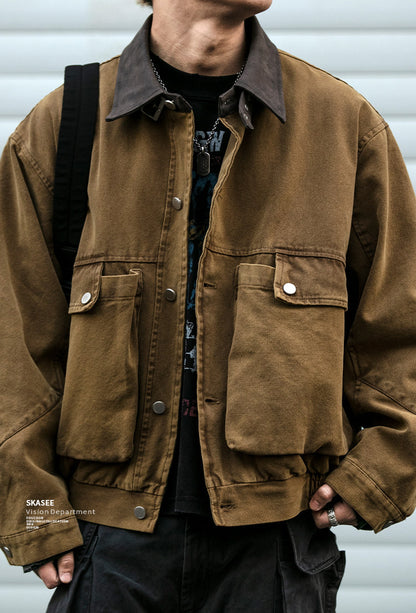 Washed Patchwork Lapel Cargo Jacket – American Retro Oversized Unisex