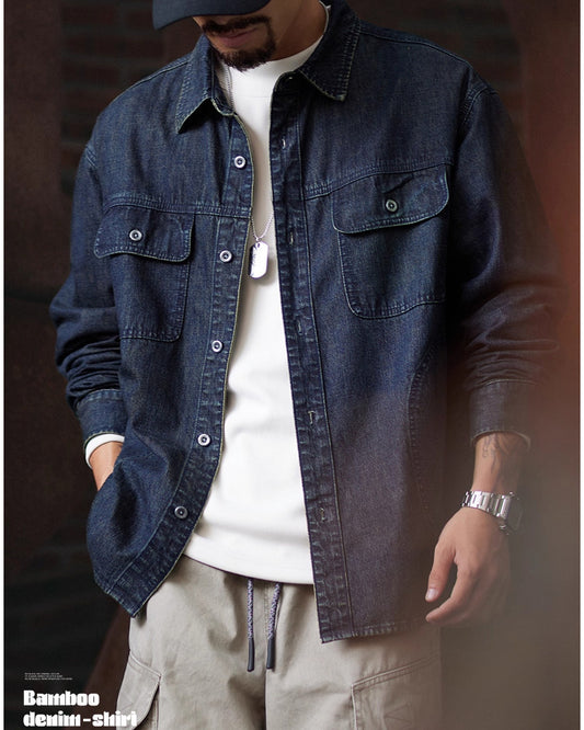 American Workwear Long Sleeve Denim Shirt Jacket - Loose Casual Vintage Denim Overshirt for Men