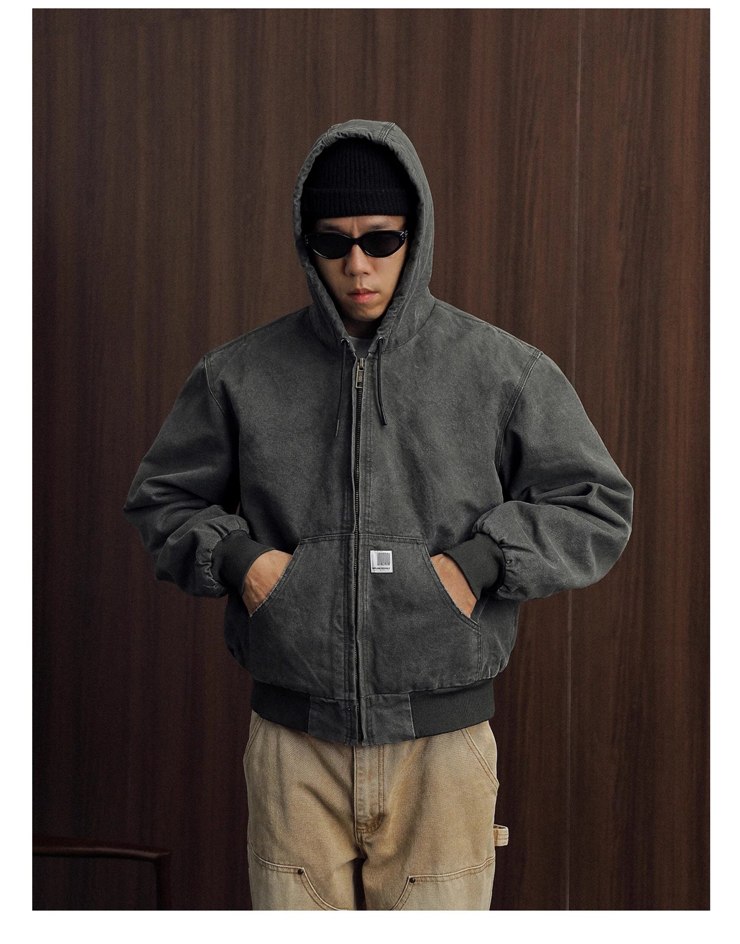 Vintage Wash Distressed Cargo Hoodie Jacket – Thermal Insulated Men's Coat
