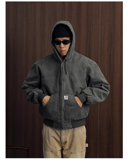Vintage Wash Distressed Cargo Hoodie Jacket – Thermal Insulated Men's Coat
