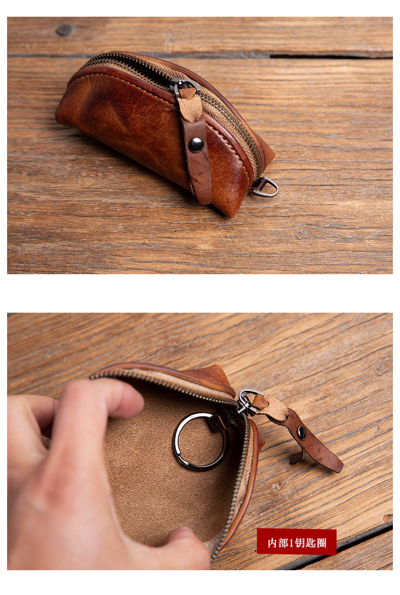 Handmade Top-Grain Cowhide Key Case – Vintage Mini Leather Coin Purse